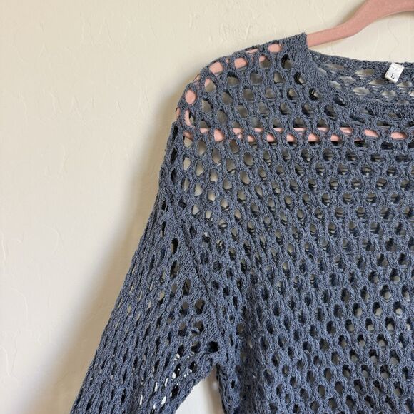 Womens Blue Open Knit Beachy Boho Bell Sleeve Sweater Size L Festival Beach - Picture 3 of 13